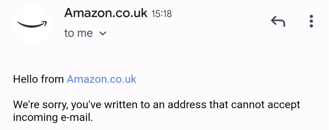 noxwelle's tweet photo. @AmazonHelp I've tried! But it is impossible to reply to no-reply@amazon.co.uk 🤔 https://t.co/9glnxTFcml