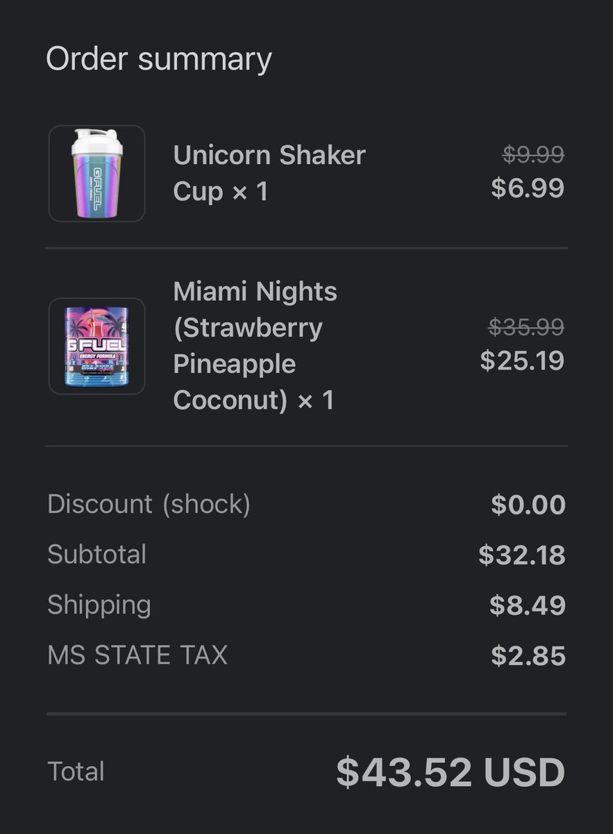 mabryscottsmith's tweet photo. Been a while since I’ve ordered Gfuel… (money and that) But I’m super excited to finally try this flavor and have this shaker! Like I said it’s been a while but ofc I had to use code SHOCK @ES_FTW @GFuelEnergy https://t.co/dt0kGhVJri