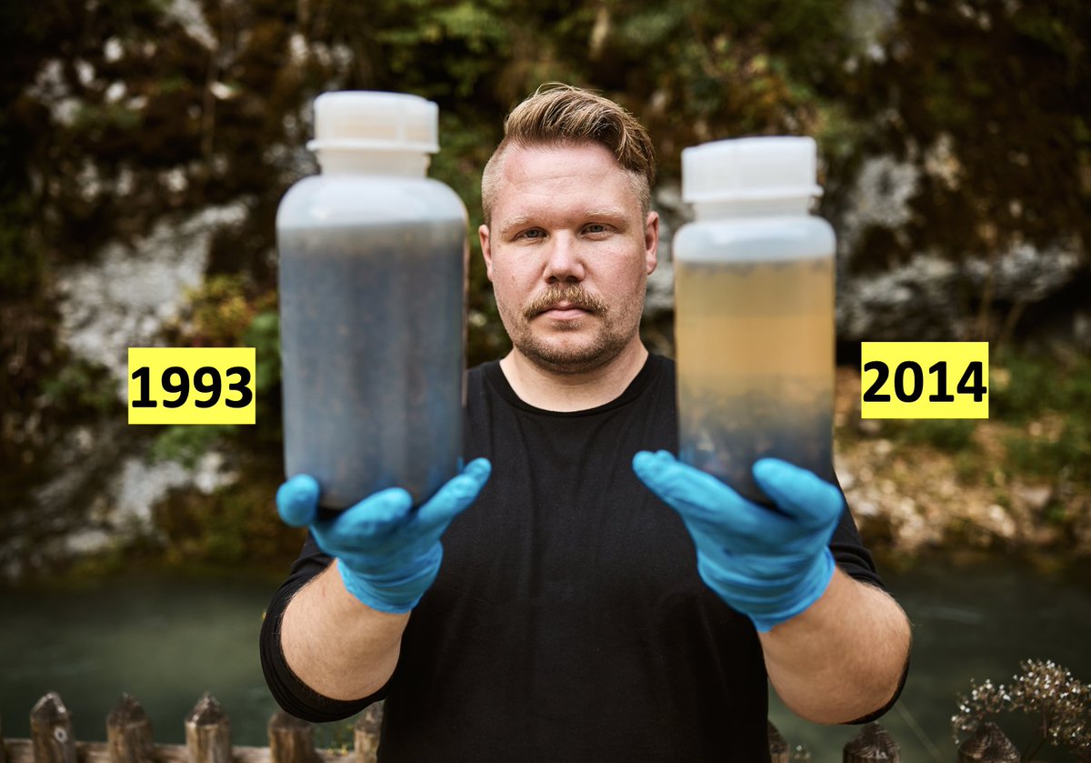 Und so sieht gemessener Insektenschwund exemplarisch aus. Das ist Biodiversitätsverlust. 

Hier halte ich zwei Archivproben von Fluginsekten in Ethanol vergleichend hoch. Beide Proben stammen aus dem selben Schutzgebiet sowie dem gleichen 14 Tage-Intervall im Jahresverlauf.