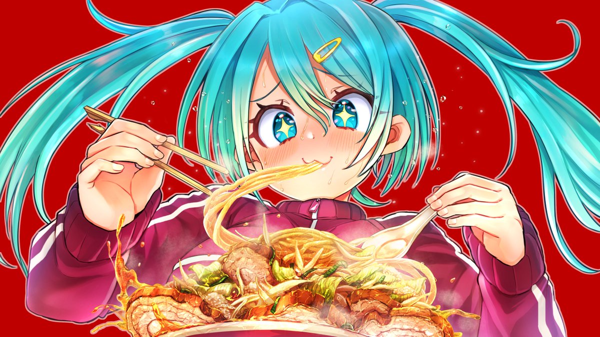 hatsune miku 1girl food noodles twintails solo eating hair ornament  illustration images