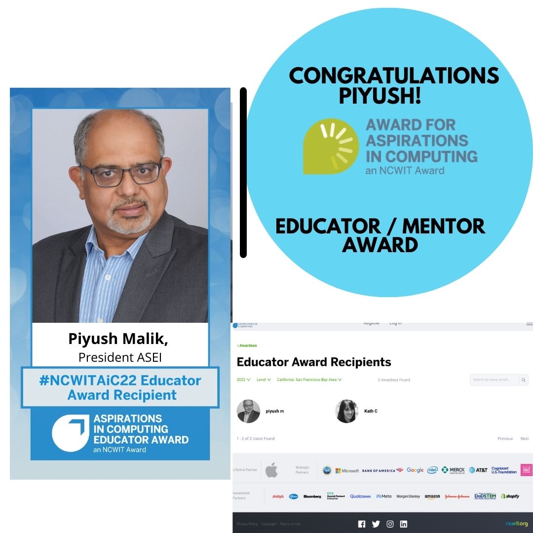 Congratulations to <a href="/pmalik1/">Piyush Malik</a> on being selected as a 2022 NCWIT AiC Educator Award recipient! 

Thanks, Piyush Malik for mentoring budding computer scientists &amp;  promoting gender equity  supporting underrepresented  students at  @aseiusa @NCWITC  <a href="/NCWITAIC/">NCWITAIC</a> #NCWITAiC22 #csed