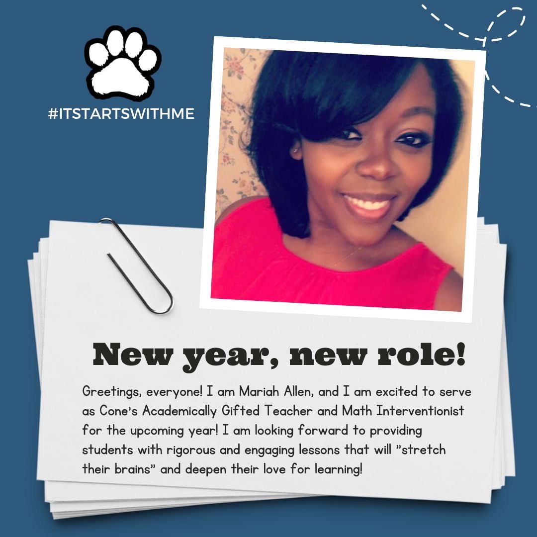 We are so excited about the upcoming school year! Allow us to introduce Ms. Allen in a new role. @mimiisme93 @ConeCougars #itstartswithme