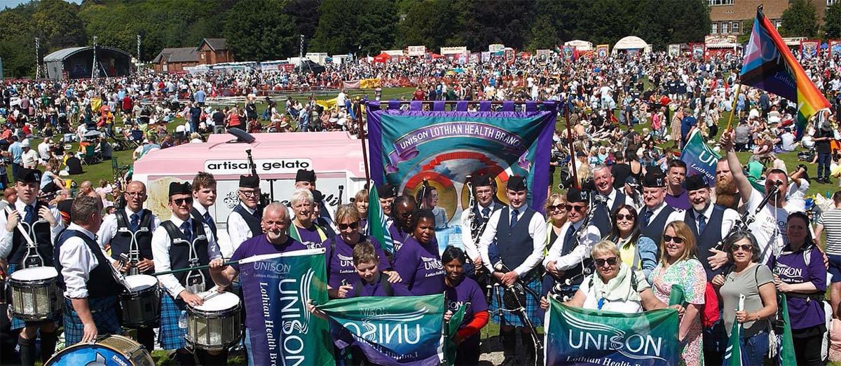 LothianUnison's tweet photo. The family photo with the City of Edinburgh Pipe band @DurhamGala what an amazing day. https://t.co/k4kEhvdhvP