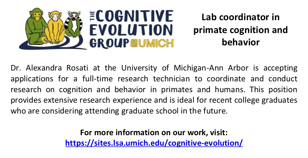 We are hiring a new full-time lab coordinator! Read more here: sites.lsa.umich.edu/cognitive-evol… And please RT!