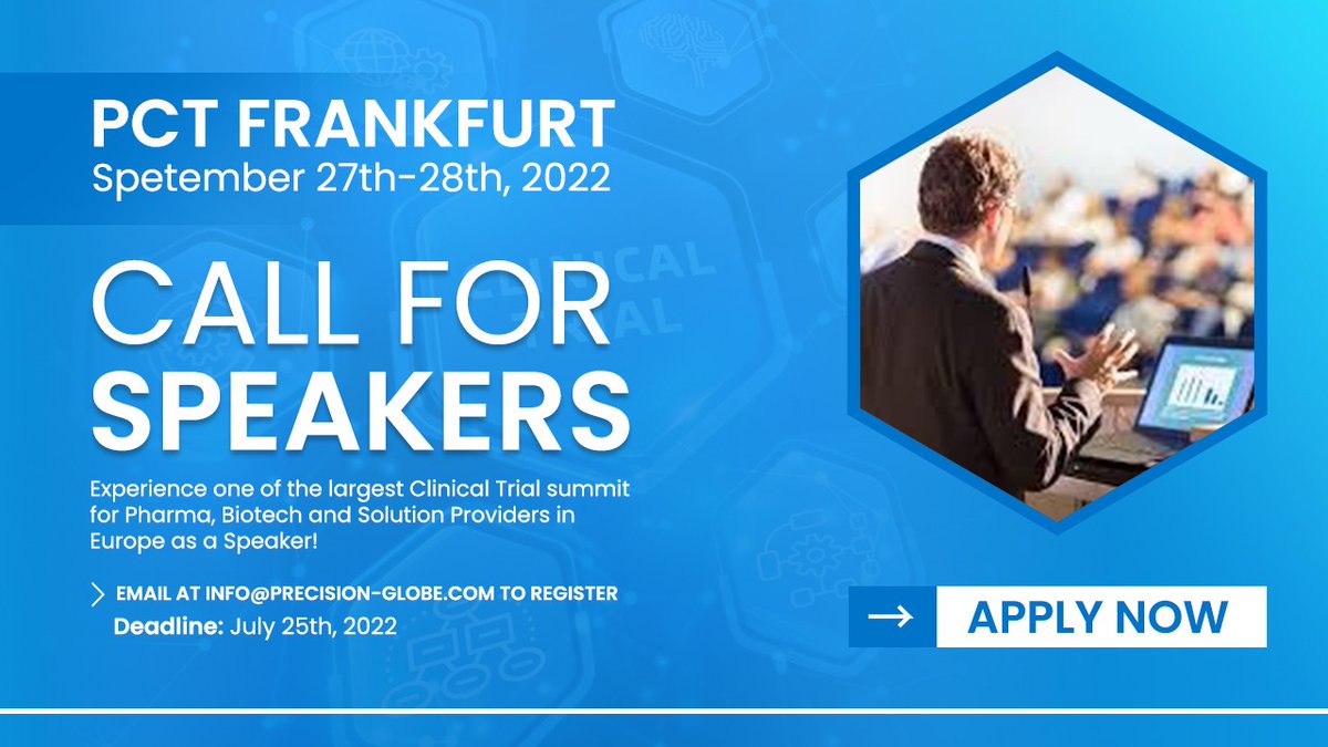 PrecisionEvolu1's tweet photo. Interested or know someone that would like to Speak at our upcoming Precision in Clinical Trials Summit in Frankfurt on Sep 27th-28th? Email us at info@Precision-Globe.com to learn more about this opportunity!

#ClinicalResearch #AI #InPersonEvent #Frankfurt #DCT https://t.co/xtLdelHFyZ
