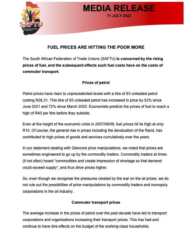 SAFTU_media's tweet photo. FUEL PRICES ARE HITTING THE POOR MORE

The South African Federation of Trade Unions (SAFTU) is concerned by the rising prices of fuel, and the subsequent effects such fuel costs have on the costs of commuter transport. https://t.co/dK5MVbRxQm