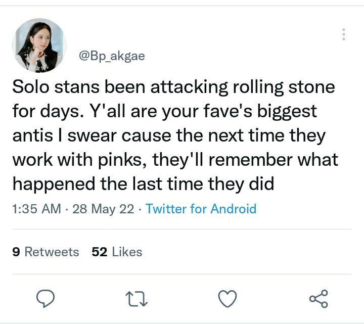 it’s ridiculous that when we were pointing out rolling stone’s unprofessionalism and favoritism the entire blinknation was more worried about the backlash the magazine was receiving because rosé was most affected but when it’s another member they’re trending hashtags now