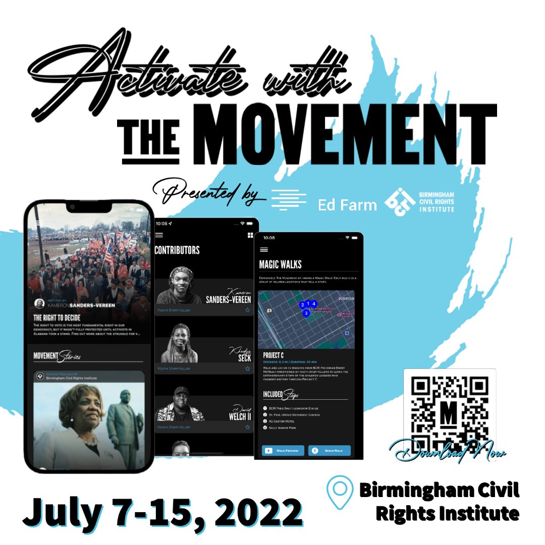 _EdFarm's tweet photo. Hello, Day 4️⃣ #MovewithTheMovement presented by #EdFarm &
@bhamcivilrights during @twg2022 at the @bhamcivilrights, Today until July 15th. Featuring an immersive experience! Free Admission! 🚨 NEW TIME: 11-3 PM each day! Participate, Learn, & Download The Movement. 📱 https://t.co/KaAI2p6WXk