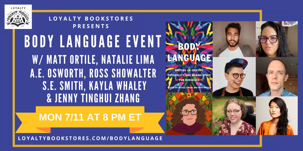 tonight, @ 8pm ET, we're celebrating the launch of BODY LANGUAGE, <a href="/CatapultStory/">Catapult</a>'s 2nd antho of essays from the magazine archives 📚 this time, it's all about bodies, feat. <a href="/sesmith/">s.e. smith isn't here</a> <a href="/AEOsworth/">Austen E. Osworth</a> <a href="/NatalieLima09/">Natalie Lima</a> @rosshowalter @PunkinOnWheels and <a href="/pantaloonies/">Jenny Tinghui Zhang ⁷</a> loyaltybookstores.com/bodylanguage