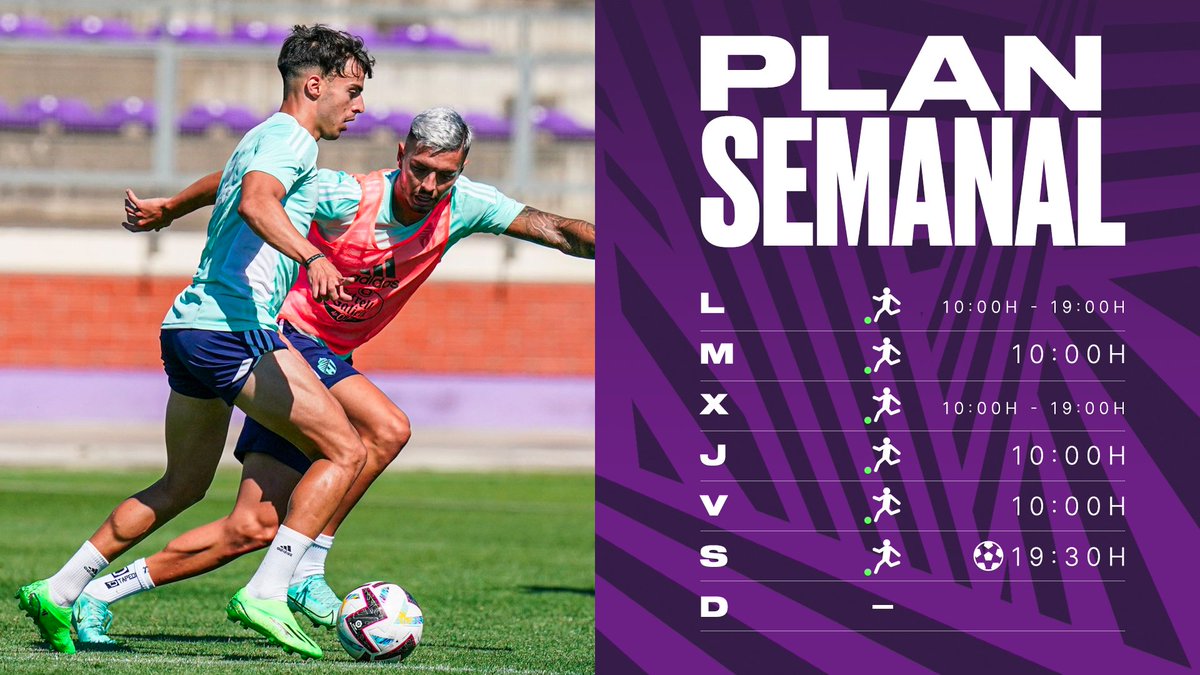 realvalladolid's tweet photo. 🗓️ PLAN SEMANAL 🗓️
Comenzamos a preparar el primer amistoso de la temporada. 

Lunes 🏋️‍♂️🏋️‍♂️
Martes 🏋️‍♂️
Miércoles 🏋️‍♂️🏋️‍♂️ 
Jueves 🏋️‍♂️ 
Viernes 🏋️‍♂️
Sábado 🏋️‍♂️⚽ https://t.co/19S7OtV8NW