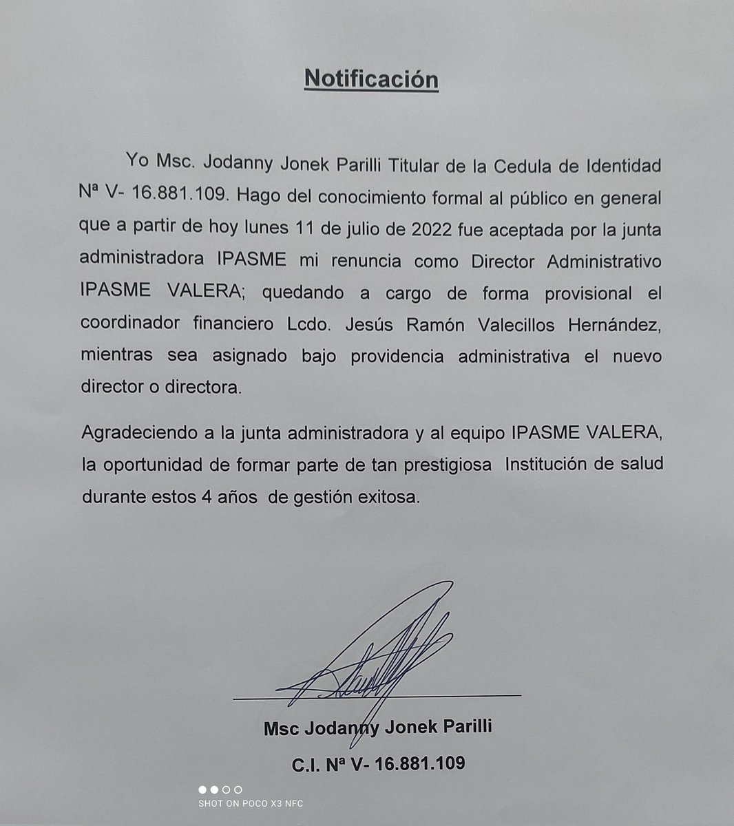 ipasmevalera1's tweet photo. Importante comunicado de hoy lunes 11/07/2022 donde se llevó a cabo la entrega formal del IPASME Valera por parte del MSc Jodanny Parilli director saliente al coordinador financiero lcdo Jesus Valecillos el cual estará a cargo de la unidad mientras asignen nuevo director. https://t.co/7Iw96nj8o8