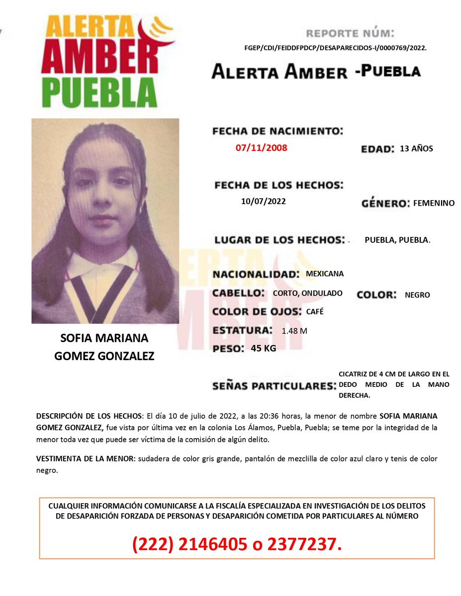 aamber_pue's tweet photo. #AlertaAmber | Solicitamos su apoyo y RT para la búsqueda y localización de la adolescente SOFIA MARIANA GOMEZ GONZALEZ, de 13 años de edad. 
Fue vista por última vez en en la colonia Los Álamos, Puebla, Puebla. https://t.co/lLnwixPjb1