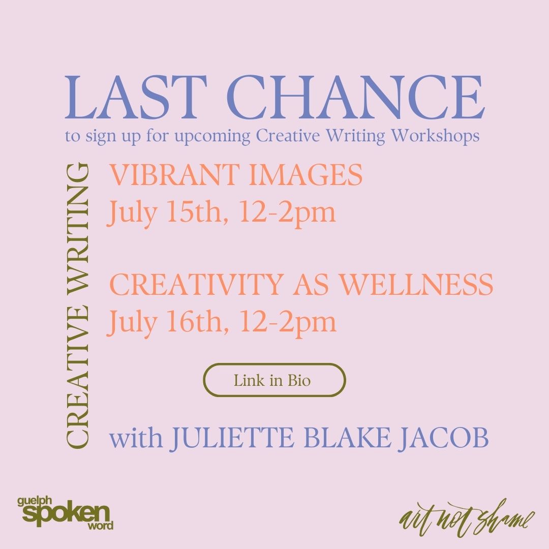 Art Not Shame (@artnotshame) on Twitter photo This is the last week to sign up for Juliette Blake Jacob's inspiring Creative Writing Workshops! Don't miss it!
Registration links: 
eventbrite.ca/e/372898638867
eventbrite.ca/e/372908608687 This is the last week to sign up for Juliette Blake Jacob's inspiring Creative Writing Workshops! Don't miss it!
Registration links: 
eventbrite.ca/e/372898638867
eventbrite.ca/e/372908608687