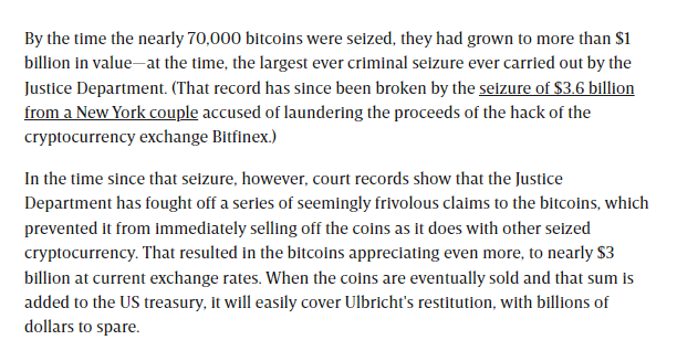 The US government wants to dump a few billion dollars of #Bitcoin it's seized. Court cases have prevented them from doing it so far. wired.com/story/silk-roa…