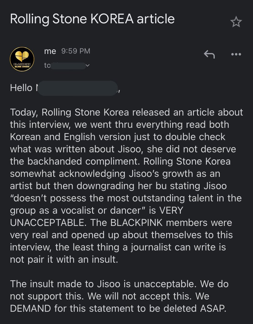 BBU_BLACKPINK's tweet photo. Today's Rolling Stone Korea article contains numerous unacceptable statements. BPU fanbases immediately contacted Rolling Stone directly, and following this, one statement has already been removed. We'll continue to pursue this. Thank you. https://t.co/Z4ILdxLfbx