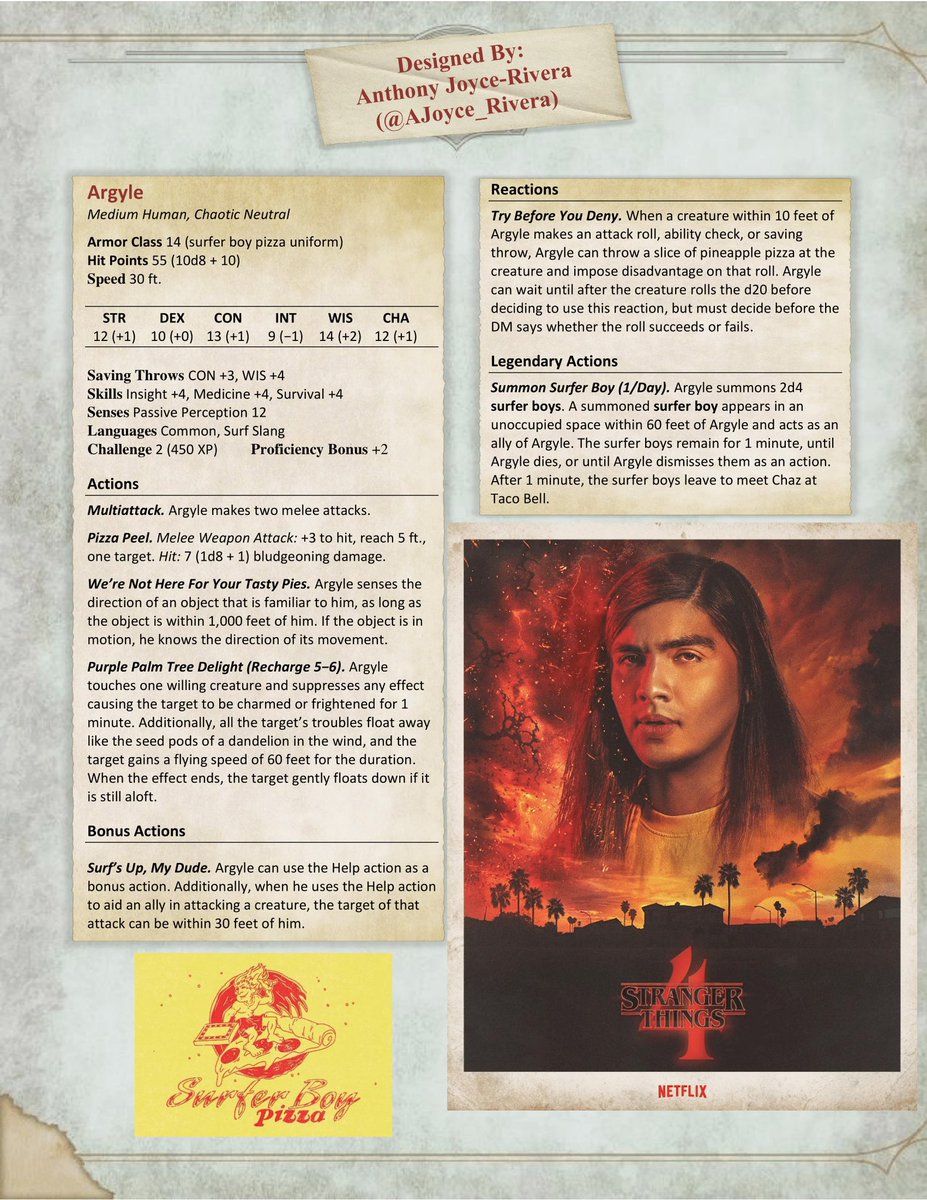 Stranger Things: Character Codex I

“I’m on a curiosity voyage and I need my paddles to travel.” - Dustin Henderson

Much love to <a href="/Stranger_Things/">sƃuᴉɥʇ ɹǝƃuɐɹʇs</a> &amp; <a href="/Wizards_DnD/">Dungeons & Dragons</a>. 

More to come…free PDF link below.

#StrangerThings #dnd