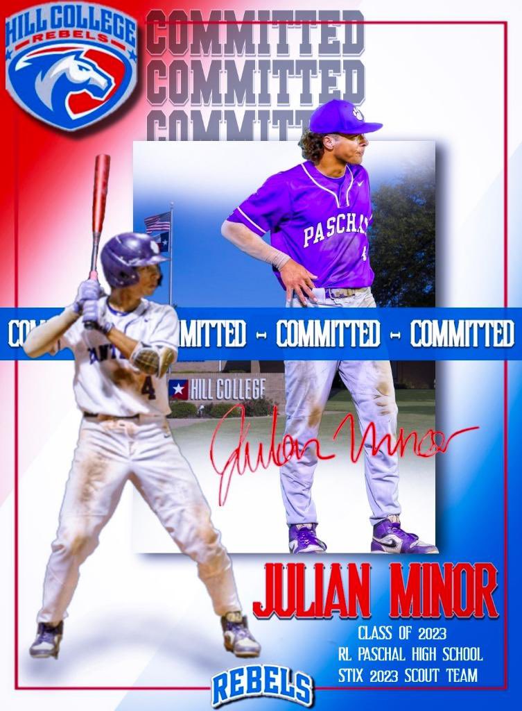 JulianMinor2023's tweet photo. I want to thank everyone that has supported &amp; encouraged me along my journey. After meeting with Coach Rateike and Coach Spinney I am excited to announce my commitment to play baseball at Hill College &amp; be a Rebel! @hcrebelbaseball @tspinn212 @paschalbaseball @stixscout2023 https://t.co/RsxnS0Ca0y