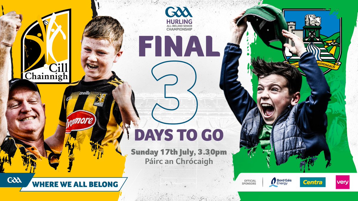 THREE days to go to the GAA Hurling All-Ireland Senior Championship Final of @KilkennyCLG v @LimerickCLG at !
