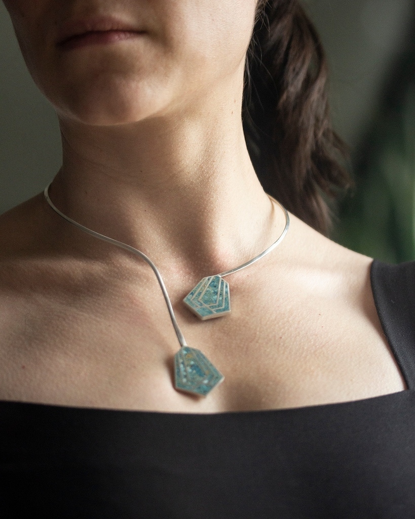 The elegant oblique cuff necklace, handmade in sterling silver and sky coloured concrete with a mix of turquoise stone aggregates. instagr.am/p/Cf3-HOls-nx/