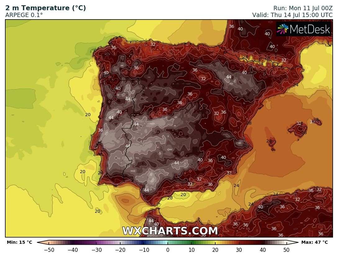 A nouveau 41/43°C entre Badajoz et Séville en #Espagne ce lundi.
Pic prévu mercredi/jeudi avec 44 à 46°C y compris au #Portugal où le record national de juillet pourrait être approché. #canicule 