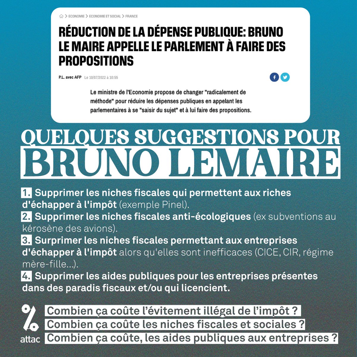 attac_fr's tweet photo. "Réduction de la dépense publique: Bruno Le Maire appelle le Parlement à faire des propositions".

Nous avons d'autres mesures en réserve et sommes bien moins chers que les cabinets de conseils @BrunoLeMaire. https://t.co/qG4ylHjChq