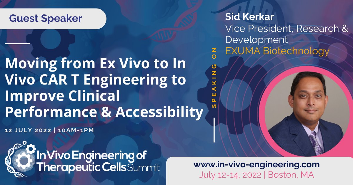 Our VP of Oncology, R&amp;D, Dr. Sid Kerkar, is in Boston this week for the"In Vivo Engineering of Therapeutic Cells Summit." <a href="/ExumaBiotech/">EXUMA Biotech</a>'s novel in vivo GCAR technology has the potential to overcome many barriers surrounding ex vivo CAR therapies. #invivo2022