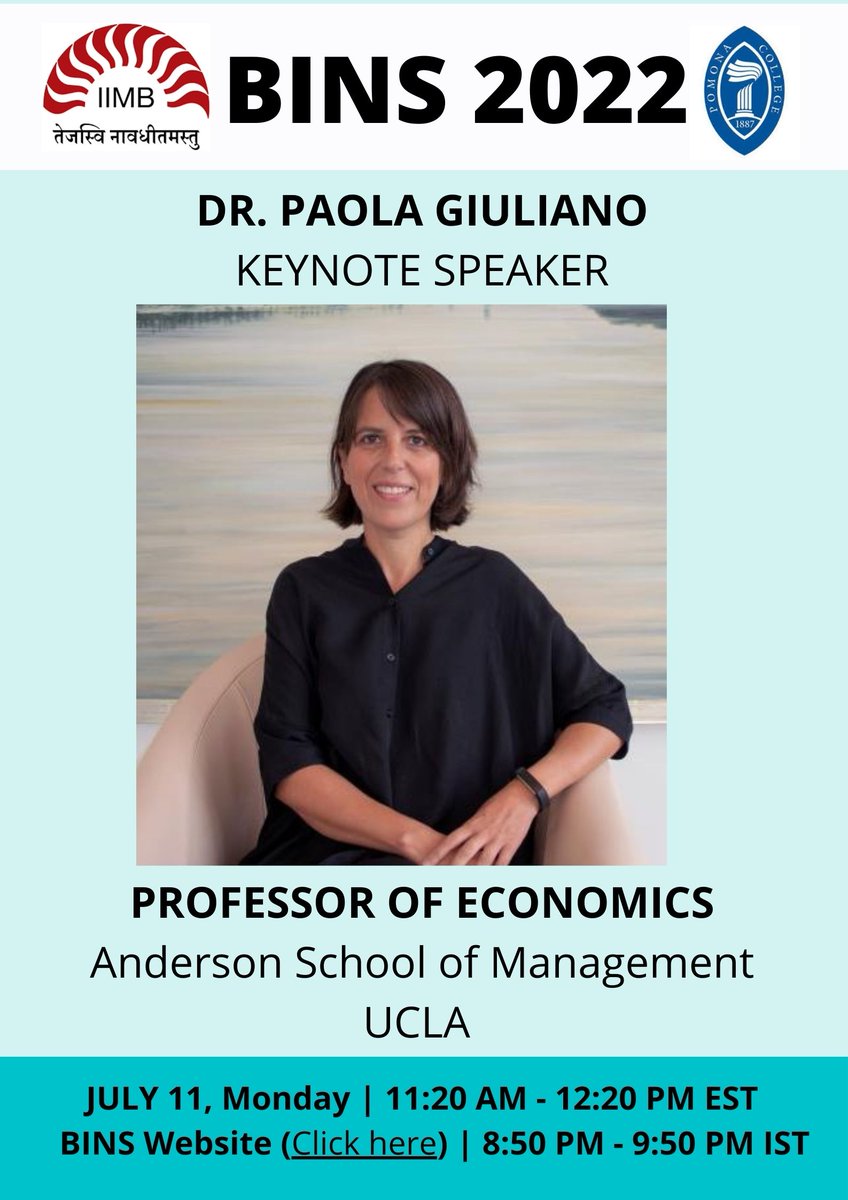 BINS_conference's tweet photo. Paola Giuliano (Keynote Speaker) speaks about her research in 20 minutes on "The Long-Term Effects of Immigrants in America", do join us.

Please register: https://t.co/AxLZGUGb0Q

#EconConf #EconC4P #diversityinbusiness #EconTwitter https://t.co/f7EEFW8tg7