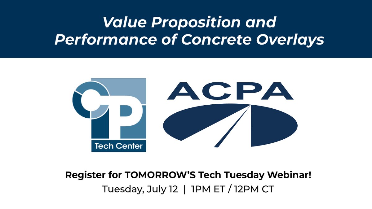 ACPAMidAtlantic's tweet photo. TOMORROW - ACPA / CP Tech Center's Technology Tuesday webinar series continues.

You won't want to miss this in-depth look at concrete overlays, an excellent choice for pavement preservation. Register now:  https://t.co/t7sG05hSmu

#concretepavement #ACPA #webinar #TechTuesday https://t.co/v782DqLWkb