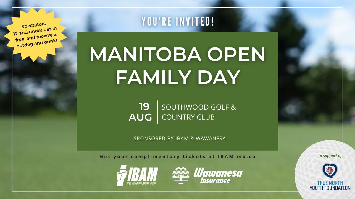 New Promo Alert! IBAM and <a href="/Wawanesa/">Wawanesa Insurance</a> have teamed up to sponsor the Manitoba Open Family Day! We are giving away free tickets to IBAM brokers and spectators under 17 years of age can attend for free AND get a special treat! Learn more here:  
ed.gr/d54bg! 😎⛳️
