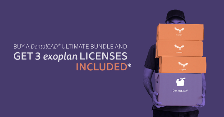 TIME IS RUNNING OUT!!
Call to take advantage of this offer!
exocad ULTIMATE XXL OFFER!
Purchase a new DentalCAD Ultimate Bundle
between May 16 – July 31, 2022, receive three complimentary exoplan core licenses (worth $3,750, based on retail price).
info@dentcore.com
844-292-8023