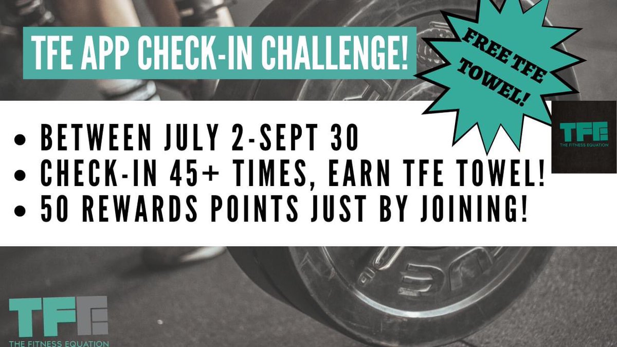 TFEquation's tweet image. 💪If you haven't joined our 3 month App Check-In Challenge it's not too late! All you need to do is:
- check in on TFE app 45+ times 7/2-9/30
- 50 pts to each who joins 
- Top 3 winners w/ the most check-ins get 300 pts
- FREE TFE towel 
More details on TFE APP!Good luck!🍀#