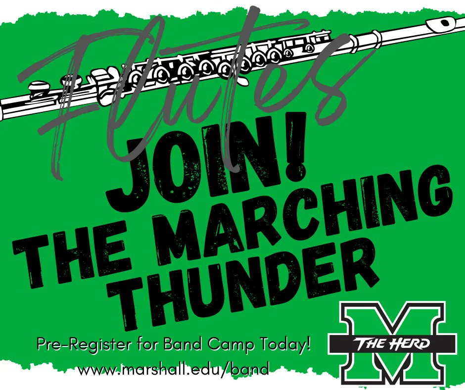 marshallubands's tweet photo. Don't miss your opportunity to be involved!
All flute players - pre-register for the Marching Thunder band camp today!
Be a part of the Thunder!
https://t.co/yze9ZA9Ikf
#marchingthunder
#wesoundasone
#marshallubands https://t.co/CmV6fBqC9u