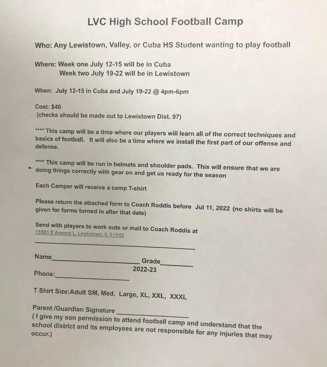 coach_Roddis's tweet photo. Reminder that Camp starts tomorrow for LVC football players.   We will be installing our offense and defense.  This will be important for players to be there.  Bus leaving Lewistown at 330 and Leaving Valley at 330.   Form needs filled out and brought 1st day https://t.co/fh3umti4SJ