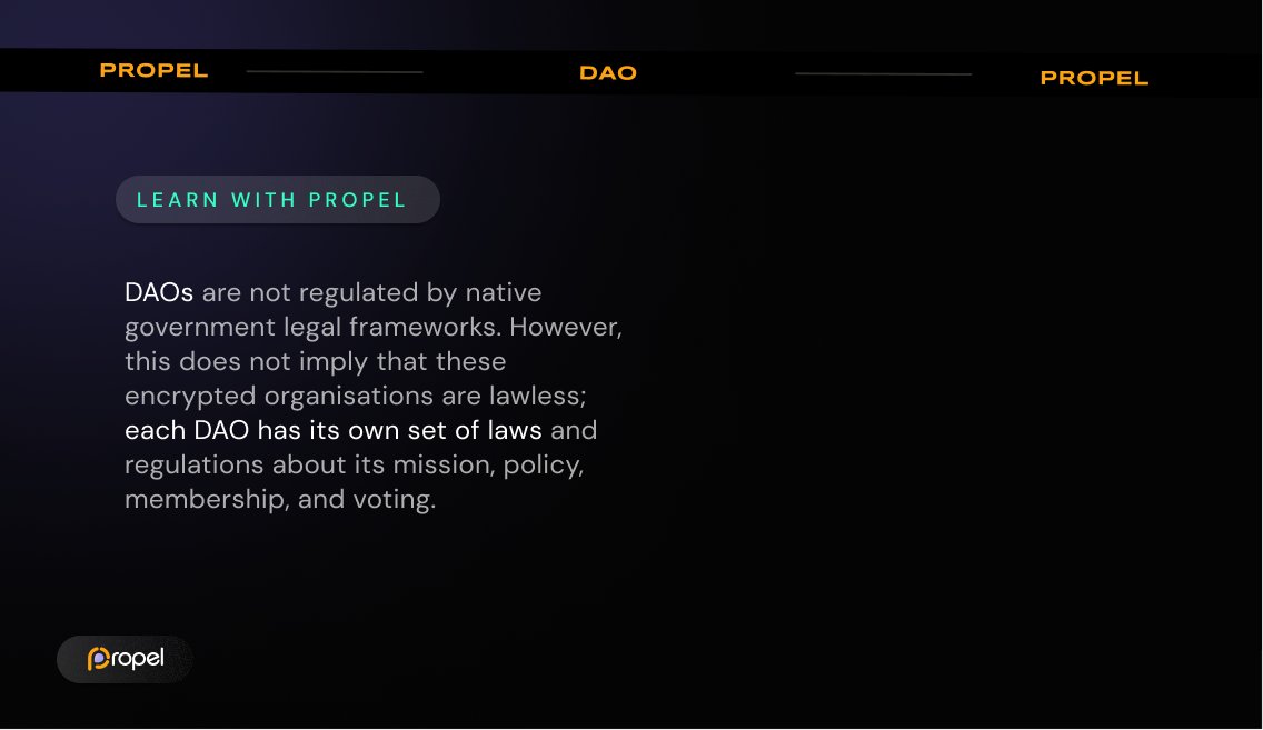 PEACEOKONDAN1's tweet photo. #LearnWithPropel
#DAOs are not regulated by native government legal frameworks. However, this does not imply that these encrypted organizations are lawless; each DAO has its own set of laws & regulations about its mission,policy, membership & voting
#PropelXYZ #PEL #Blockchain https://t.co/xETH5U671Y
