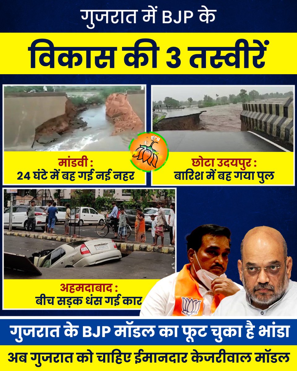 AamAadmiParty's tweet photo. BJP राज में केवल हुआ विनाश
देश ने देखा गुजरात में सड़कों पर बहता विकास। https://t.co/LxmGk0Qk6L