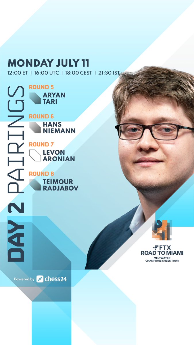 Day 2 Schedule: 
chess24.com/en/watch/live-…
#ChessChamps #FTXRoadToMiami