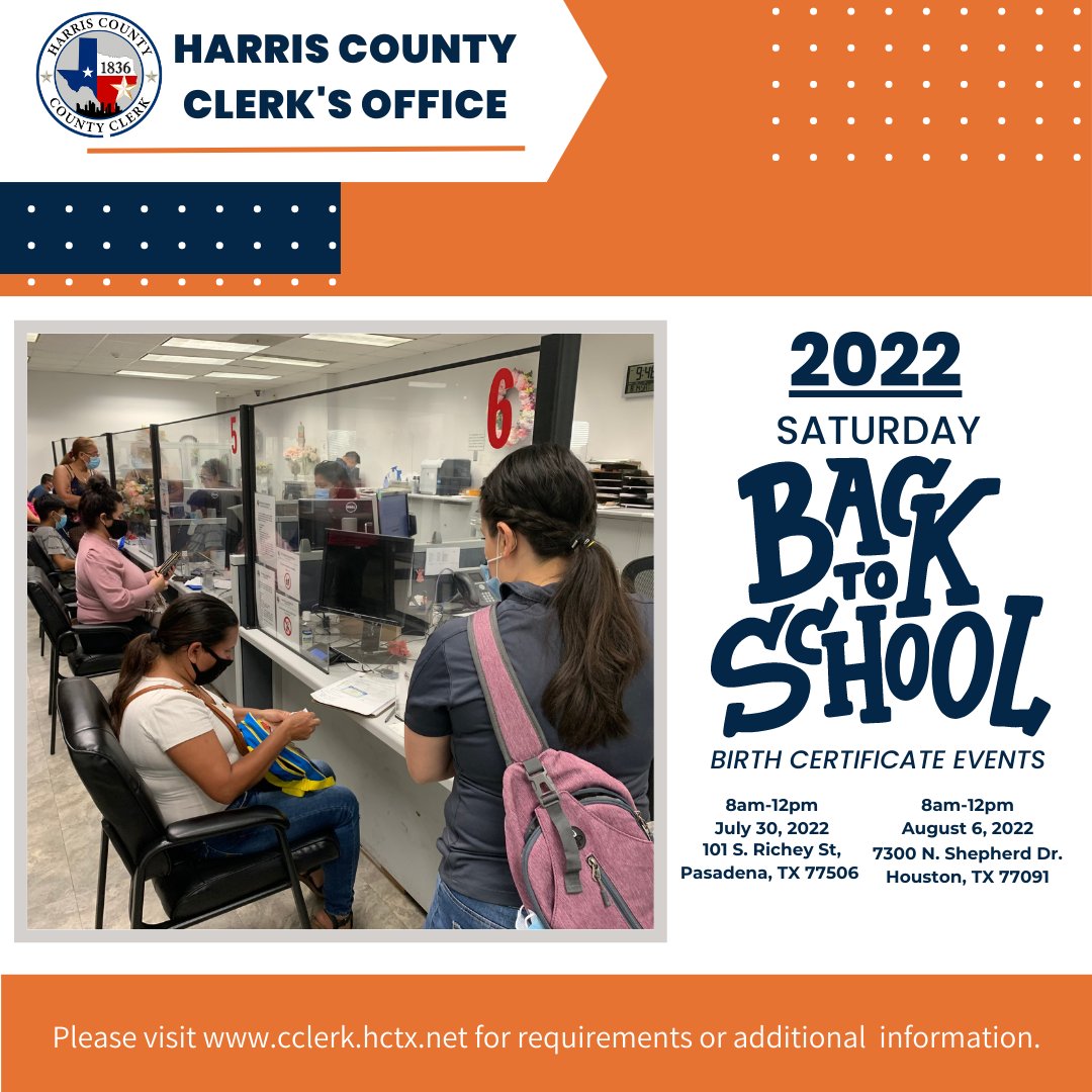 Need a copy of a #BirthCertificate to register your child in school? Be at the #HarrisCountyClerksOffice #BacktoSchool Birth Certificate Saturday Events, July 30th and Aug. 6th. For more info cclerk.hctx.net. #hounews