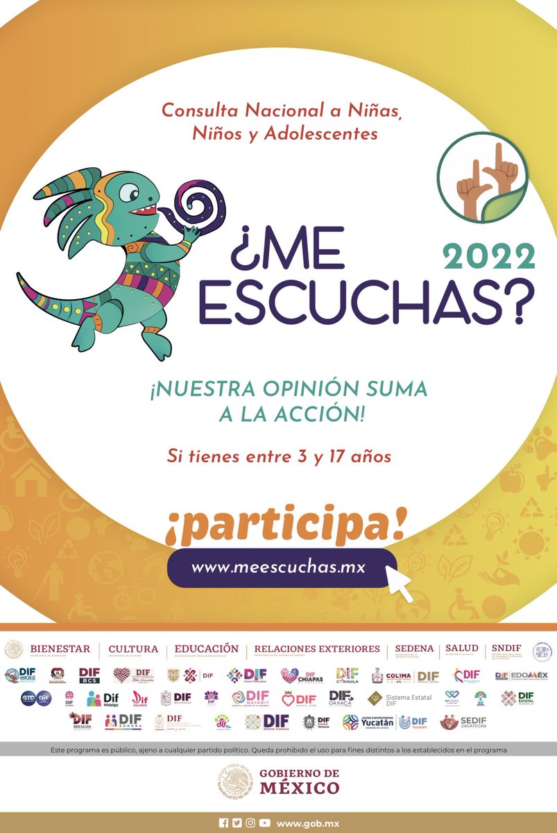 DIF_NMX's tweet photo. La Consulta Nacional #MeEscuchas2022 es impulsada por el #SNDIF y la @CDHCMX con la suma de esfuerzos de los Sistemas Estatales DIF de todo México. 

⭐️Queremos escuchar las opiniones y expresiones de las niñas, niños y adolescentes.

Durante todo julio
📲https://t.co/ldINyP8aDh https://t.co/opMLiIhgZm