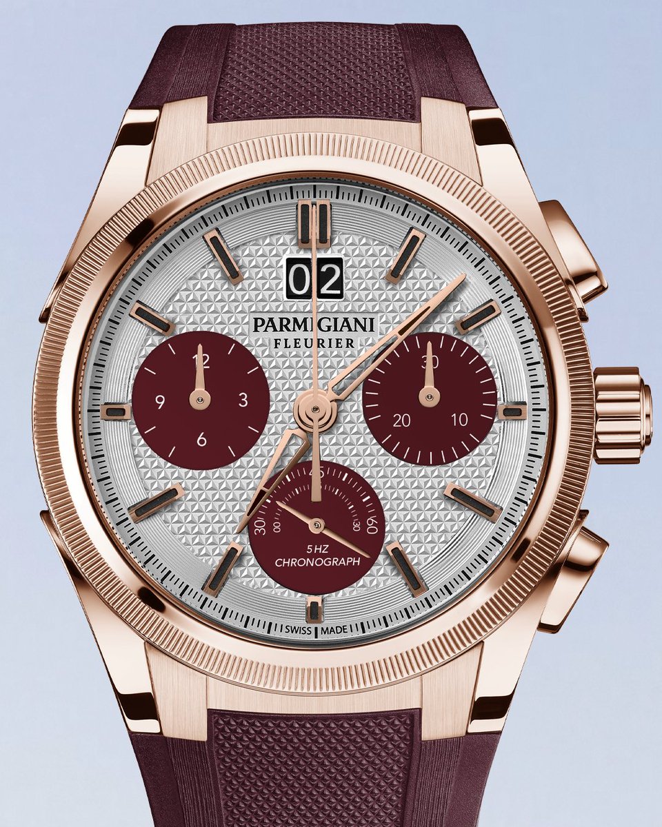 parmigianiwatch's tweet photo. Tonda GT Chronograph in 18 ct rose gold, featuring a knurled bezel, big date display, textured silver dial with Granata subdials, and matching rubber strap.

#ParmigianiFleurier #TimeIsFlying #TondaGT https://t.co/LnzxAGXnnX