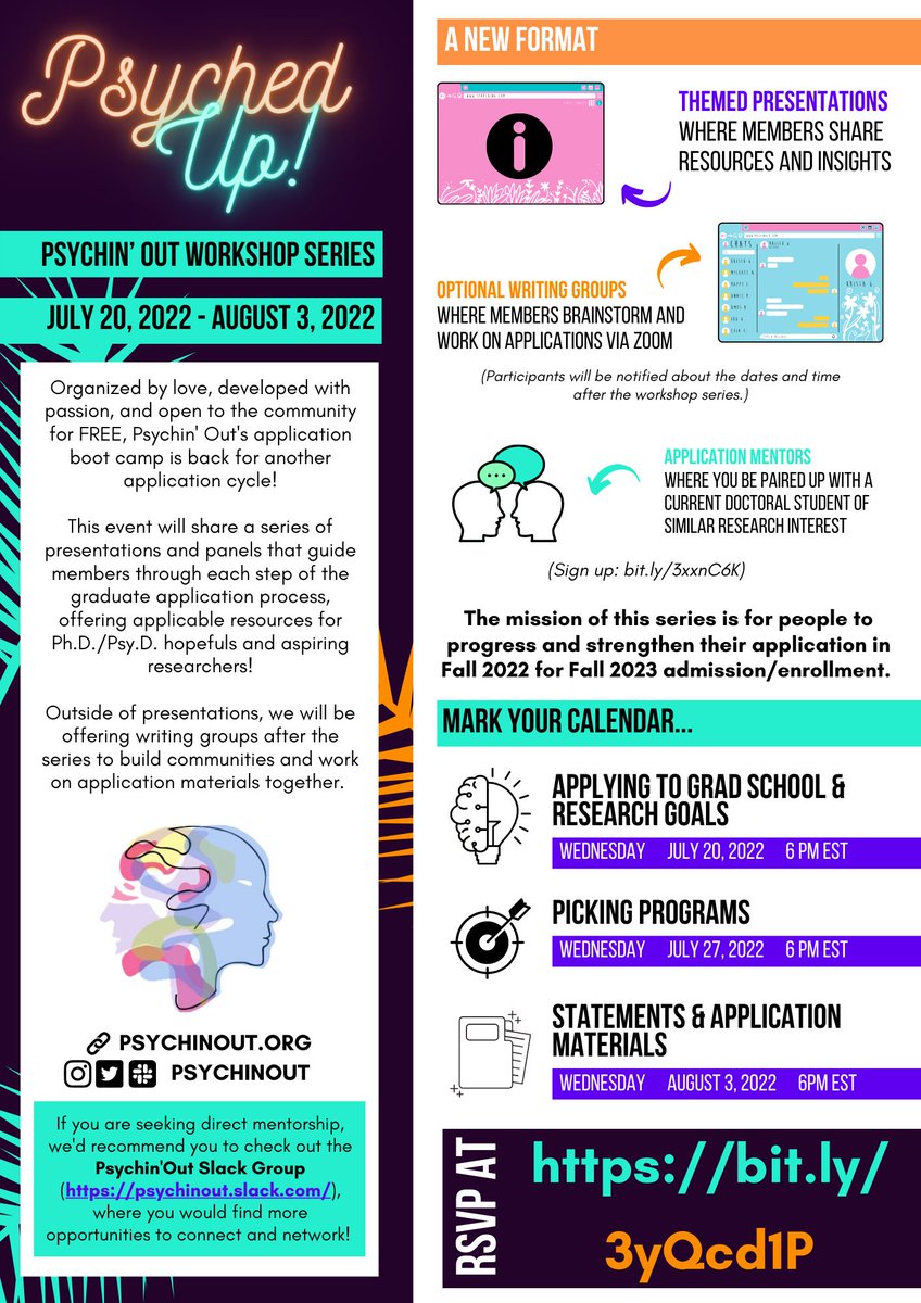 Excited to be hosting this year's @PsychinOut Application Workshop Series! We have 3 sessions planned for July 20, July 27, and Aug 3 at 6pm ET, led and moderated by my amazing PO friends. Link to RSVP: bit.ly/3yQcd1P Please share!
