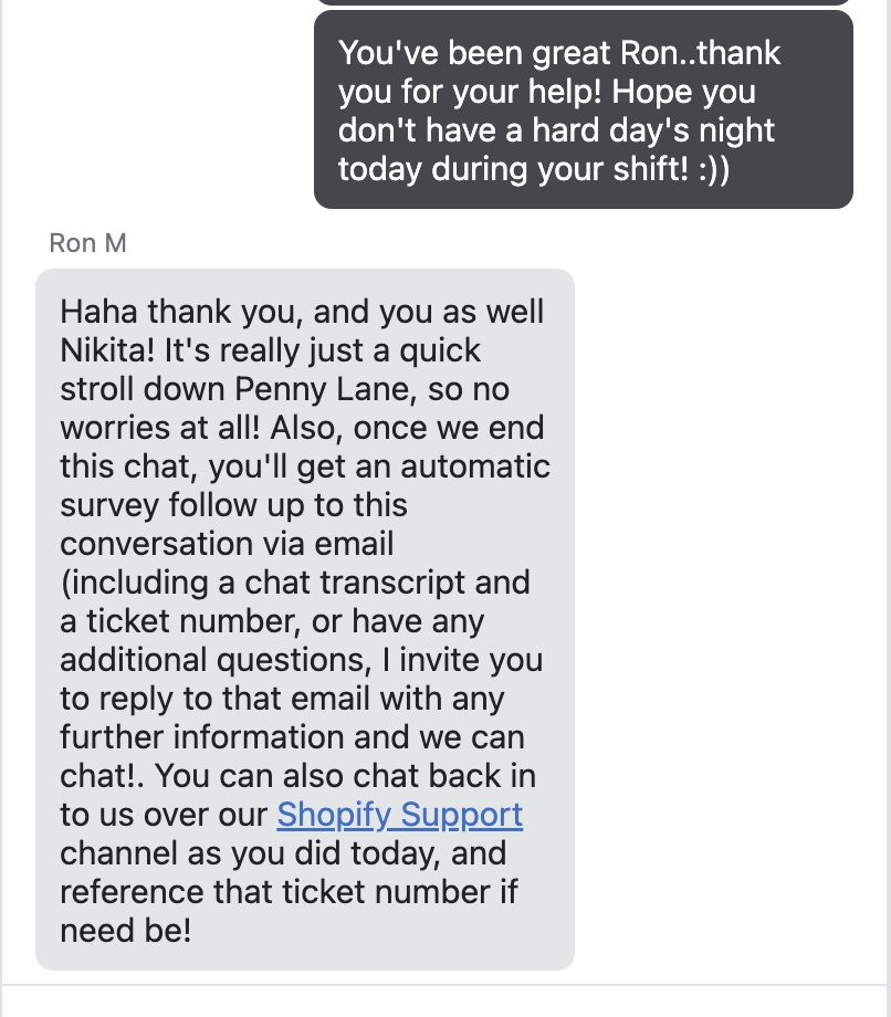 typebynikita's tweet photo. I love that when I reach out to customer service, and aside from great support, I also get a hilarious response to some of my own (cheesy) humor. Thank you Ron and @Shopify - truly made my morning!!! 🤣😎 https://t.co/z6TIrkWU1e