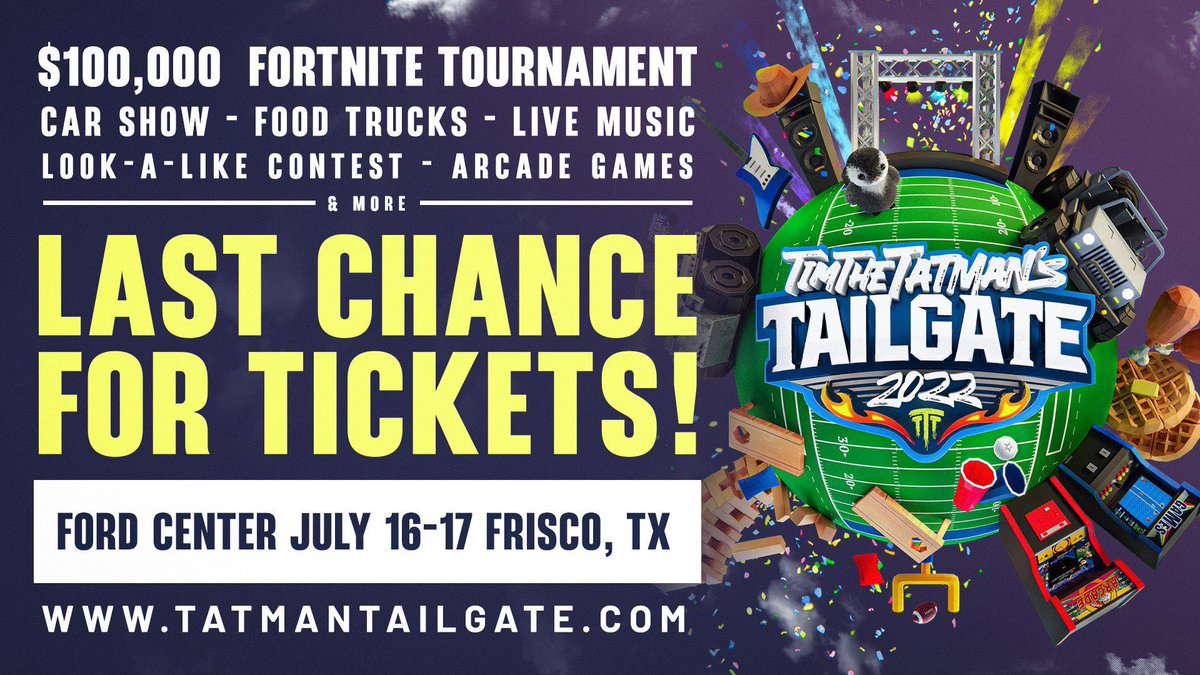 The 🐐 is waiting… and so are we!

We’ve been given 2 Silver Pass Tickets for TimTheTatman’s Tailgate and we’re giving them away!

To enter, simply retweet + follow us, <a href="/timthetatman/">timthetatman👑</a>, and <a href="/Complexity/">Complexity</a>!

June 16-17 | Ford Center in Frisco, TX
Read more: tatmantailgate.com