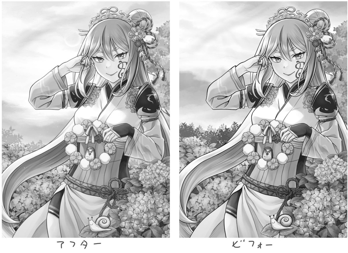 前に言ってた修正ビフォーアフターです! 紫陽花の圧が強くて顔に行く視線を邪魔してるかなー?と思って修正しました。 ・キャラのシルエットを強めるために髪色を濃く。 ・キャラの体と髪の間の隙間の空間を意識できるように紫陽花縮小&色を柔らかく。 ・下→上にかけて濃→薄のグラデになるように。