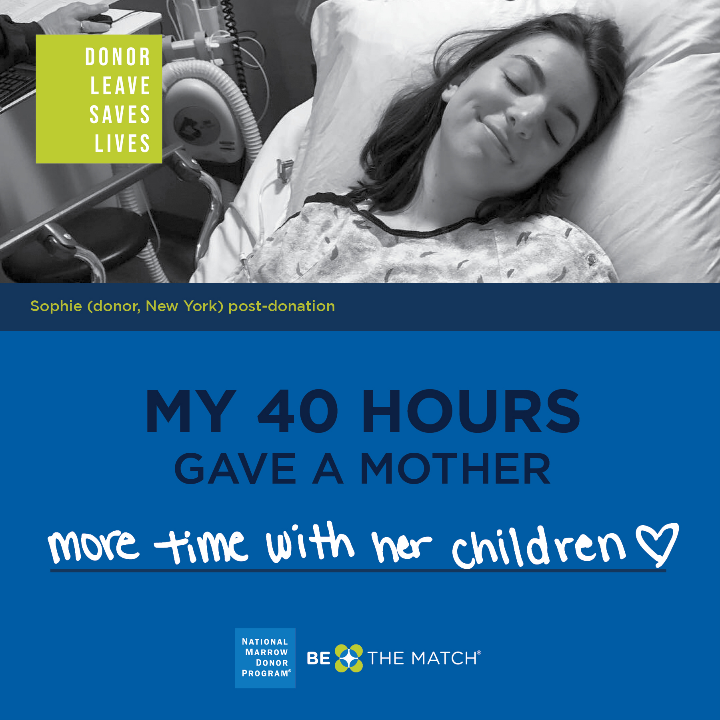 NMDP_advocacy's tweet photo. Sophie, a donor, was able to say “yes” when called to donate because her workplace was supportive. The Life Saving Leave Act would ensure donors can say “yes” without fear of losing their jobs. #DonorLeaveSavesLives https://t.co/uscBSBL7CZ