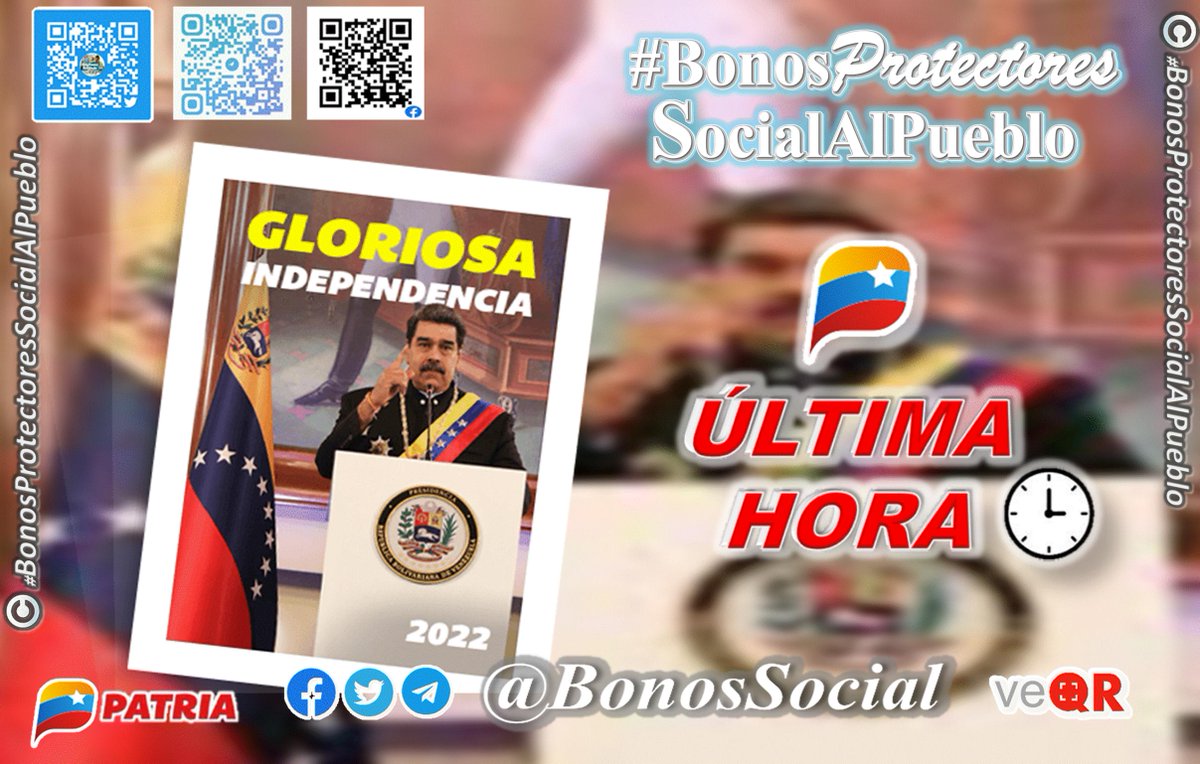 BonosSocial's tweet photo. 🖥️ Continúa la asignación del #BonoGloriosaIndependencia2022 a través del Sistema @CarnetDLaPatria enviado por nuestro Pdte. @NicolasMaduro 

@BonosSocial 
#VenezuelaJustaYDePaz https://t.co/d59pxNf2aR