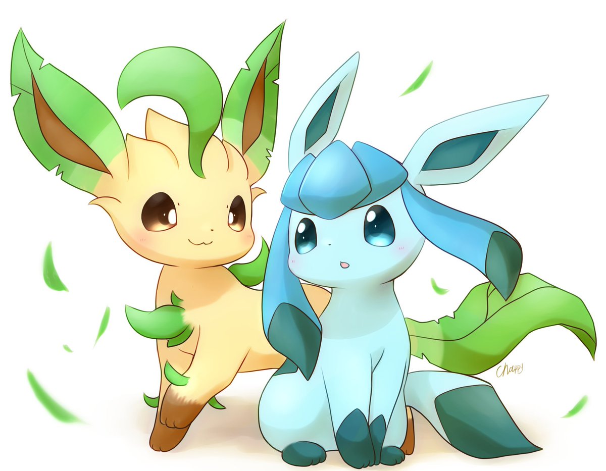 glaceon ,leafeon no humans pokemon (creature) brown eyes smile blush closed mouth leaf  illustration images