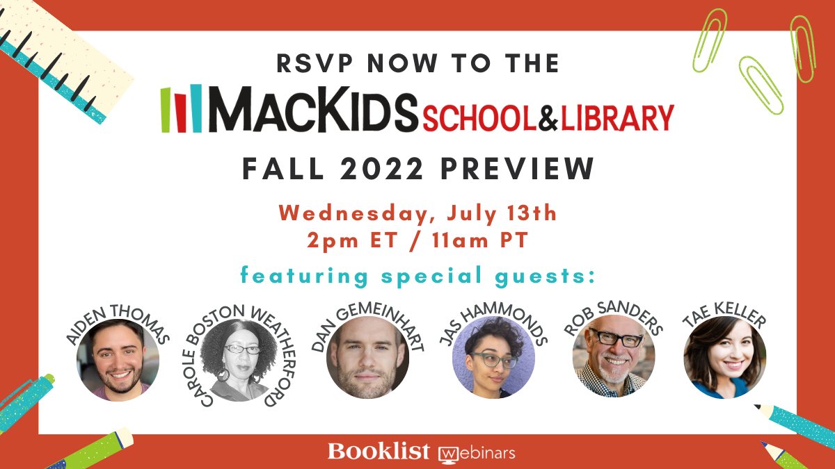 MacKidsSL's tweet photo. Two days to go until our Fall 2022 Preview! Join us live on 7/13 to get a sneak peek at our Fall list + hear from author guests @DanGemeinhart @taekeller @aidenschmaiden @JasHammonds @poetweatherford & Rob Sanders!
Register here โก๏ธ https://t.co/nRlixDfz9D
@ALA_Booklist https://t.co/bTRgxIUDC3