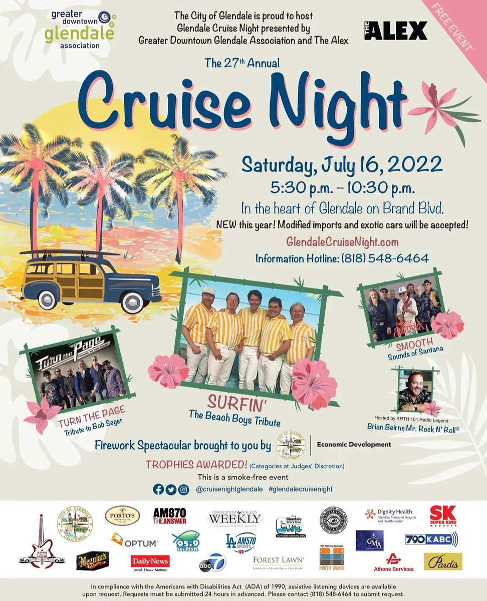 Have you heard??? Cruise Night
Saturday, July 16, 2022
5:30 PM - 10:30 PM 
Location: In the heart of Glendale on Brand Blvd.
Fireworks, live entertainment, family fun, and more! 
New this year: modified imports and exotic cars will be accepted. 
#glandale #CruiseNight #dtglendale