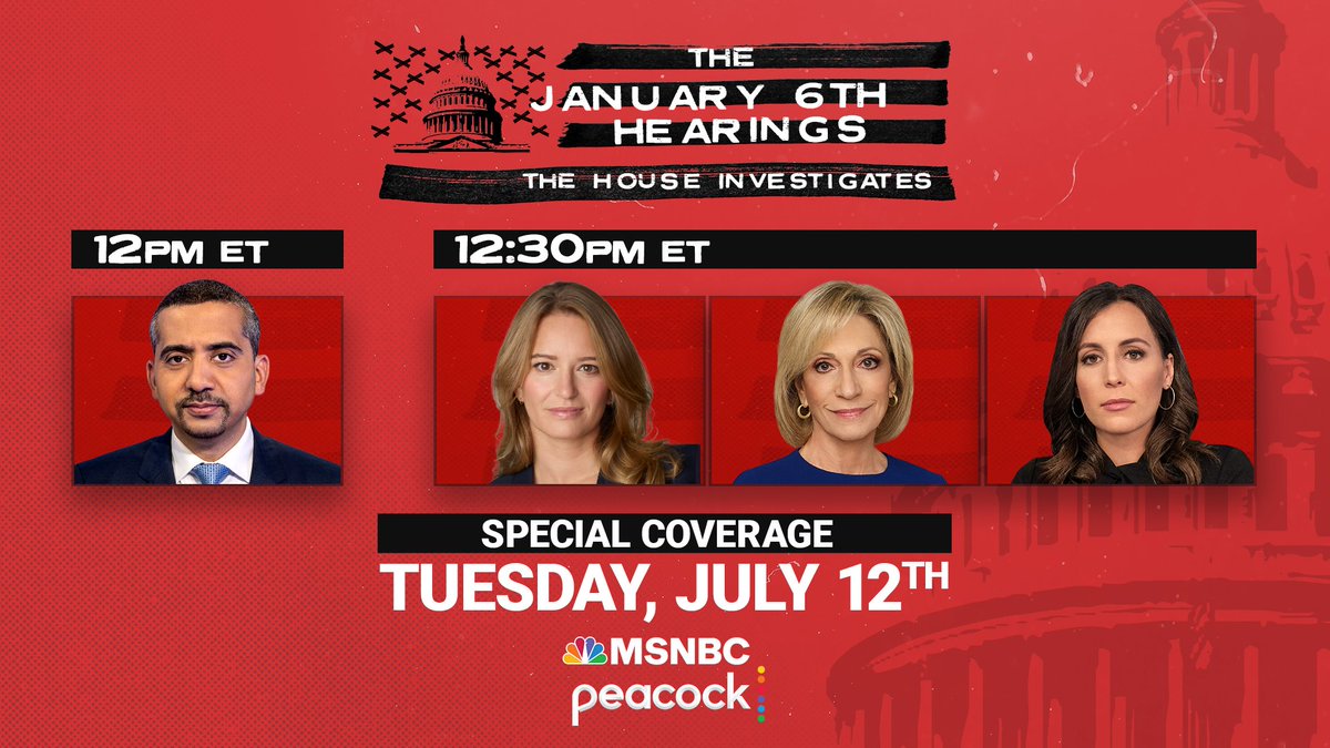 It's that time again! Join us tomorrow for day 7 of the January 6th hearings. Special coverage kicks off at noon w @mehdirhasan and continues w @mitchellreports, @KatyTurNBC & @HallieJackson at 12:30pm ET, followed by the hearing in full. Stream it all on @peacockTV.