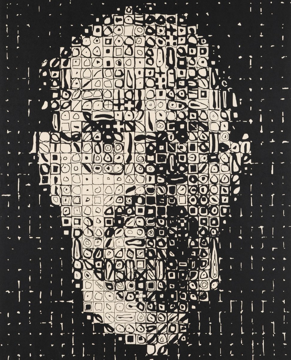 staedelmuseum's tweet photo. Erst aus der Distanz formt sich ein Gesicht: Chuck Close zerlegt die fotografische Vorlage von sich selbst hier in viele kleine Quadrate und lΓΆst sein Gesicht in abstrakte Zeichen auf. Nur noch bis Sonntag ist die Ausstellung #intothenew zu sehen! π https://t.co/2grdKmm39A https://t.co/FfltOkYkN7